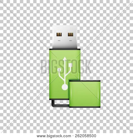 Realistic Green Usb Flash Drive Isolated Object On Transparent Background. Vector Illustration