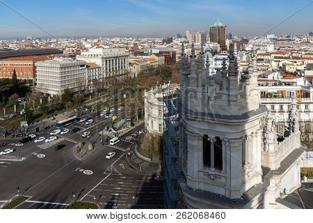 Madrid, Spain - January 24, 2018:  Panoramic View From The Terrace Of Cybele Palace (palacio De Cibe