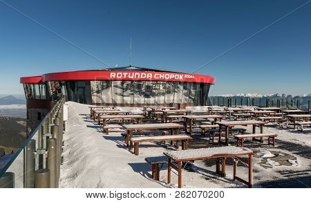 Tatra Mountains, Slovakia - October 05, 2018. Terrace And Restaurant In The Upper Cable Car At The T