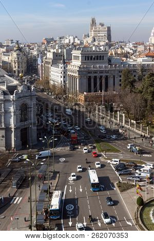 Madrid, Spain - January 24, 2018:  Panoramic View From The Terrace Of Cybele Palace (palacio De Cibe