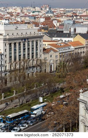 Madrid, Spain - January 24, 2018:  Panoramic View From The Terrace Of Cybele Palace (palacio De Cibe