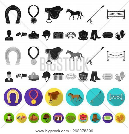 Hippodrome And Horse Flat Icons In Set Collection For Design. Horse Racing And Equipment Vector Symb