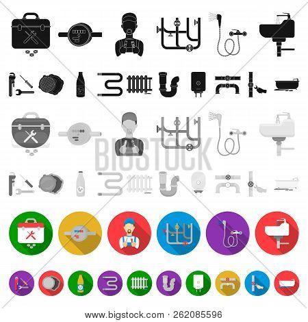 Plumbing, Fitting Flat Icons In Set Collection For Design. Equipment And Tools Vector Symbol Stock W