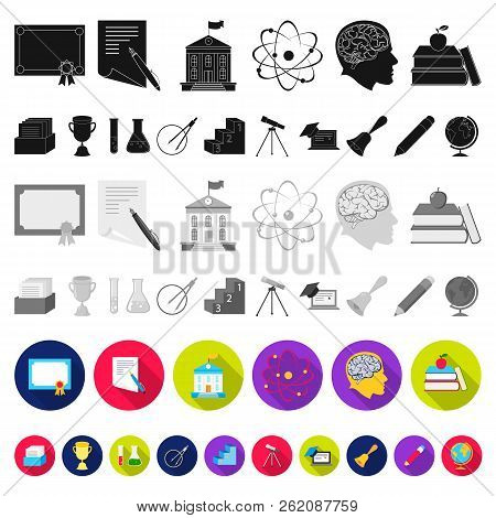School And Education Flat Icons In Set Collection For Design.college, Equipment And Accessories Vect