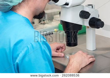 Embryologist Or Lab Technician Adjusting Needle To Fertilize A Human Egg Under The Microscope. Docto