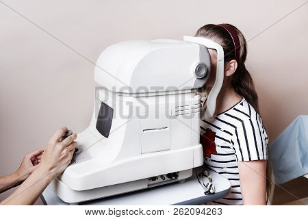 Keratometer Device Measuring Curvature Of Cornea. Prevention Of Astigmatism Desease. Doctor Examines