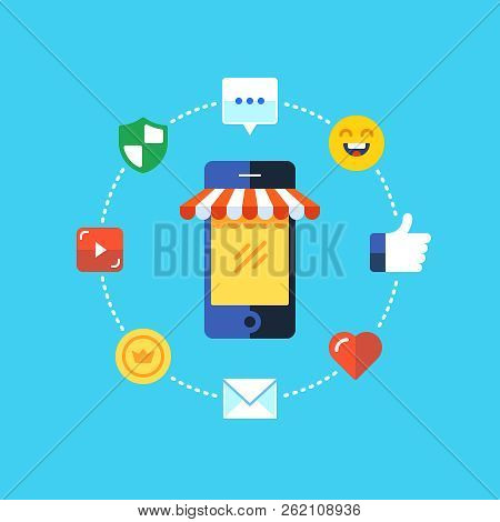 Mobile Marketing , E-marketing, E-comerce, App Store. Flat Design Modern Vector Illustration Concept