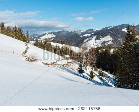 Winter  Morning Picturesque Mountain Hill Top With Farmstead Snow Covered And Some Withered Windbrea