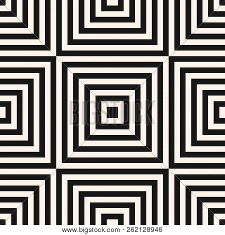 Vector Geometric Squares Seamless Pattern. Abstract Black And White Graphic Ornament With Lines, Str