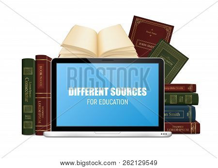 Education Books In Hard Cover And Laptop With Lettering On Blue Screen 3d Vector Illustration