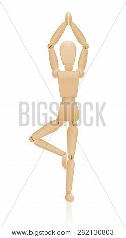 Standing Yoga Pose. Tree Pose Or Vrikshasana. Wooden Figure Standing On One Leg With Arms Raised Abo