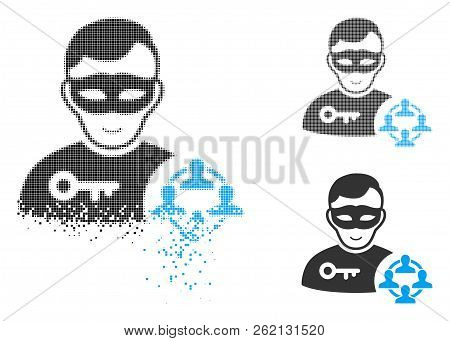 Social Hacker Icon With Face In Dispersed, Pixelated Halftone And Undamaged Whole Versions. Particle