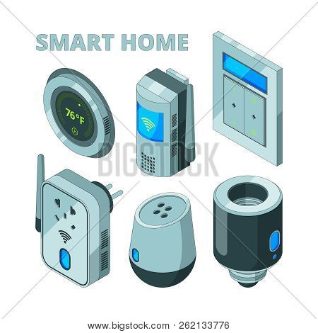 Smart House Equipment. Movement Sensors Electric Socket Security Cam Vector Isometric Pictures. Illu