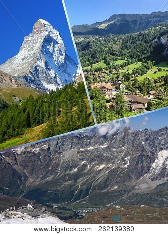 Collage Of Tourist Photos Of The Switzerland.