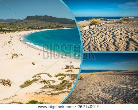 Collage Of Beach Dunes In Tarifa, Spain.