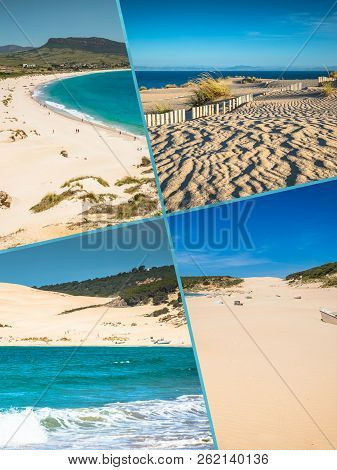 Collage Of Beach Dunes In Tarifa, Spain.