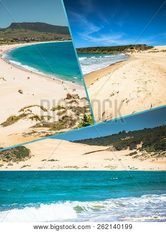 Collage Of Beach Dunes In Tarifa, Spain.