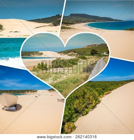 Collage Of Beach Dunes In Tarifa, Spain.