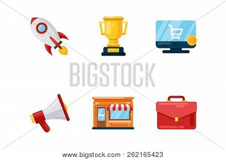Set Stratup Icons. Concept Collection With Rocket, Winner Cup, Shop, Bag, Megaphone, Online Shop Vec
