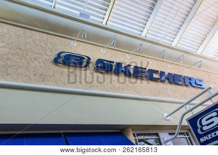 Orlando, Florida, Usa - May 08, 2018: Sign Of Skechers On The Building At Outlet At Orlando Premium 