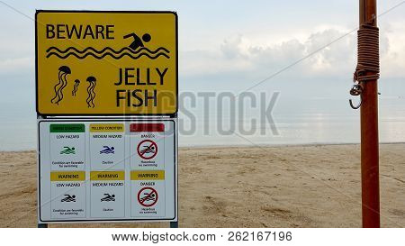 Beach Risk Sign And Flag Warning Displayed On The Beach, Nobody On Beach