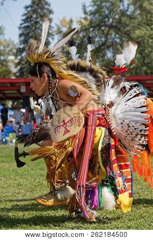 Bismark, North Dakota, September 8, 2018 : A Dancer Of The 49th Annual United Tribes Pow Wow, One La