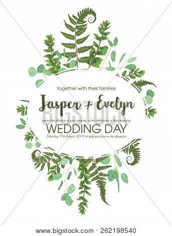 Wedding Floral Invitation, Invite Card. Vector Watercolor Set Green Forest Fern, Herbs, Eucalyptus, 