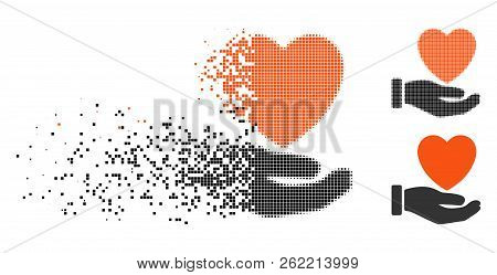 Heart Charity Icon In Disappearing, Pixelated Halftone And Undamaged Entire Variants. Points Are Org