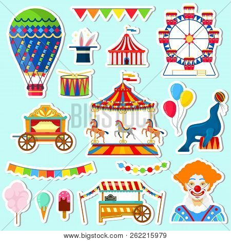 Stickers Of Circus And Amusement Elements In Flat Style On Blue Background
