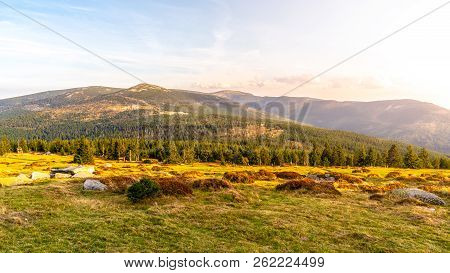 Green Forest Landscape With Maly Sisak Mountain And Mountain Huts, Giant Mountains, Krkonose, Czech 