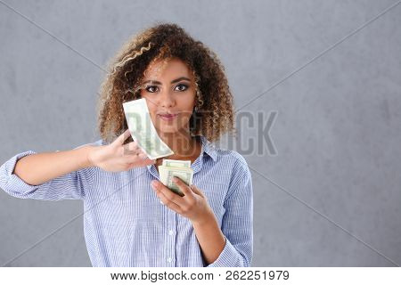 Beautiful Black Woman Portrait. Scattering Money Notes Dollars In Fashion Vows Style  Curly Hair Wit