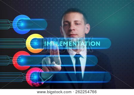 Business, Technology, Internet And Network Concept. Young Businessman Working On A Virtual Screen Of