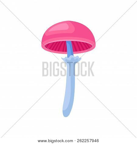 Small Fantasy Mushroom With Bright Pink Cap And Blue Stalk. Magic Forest Plant. Flat Vector For Chil