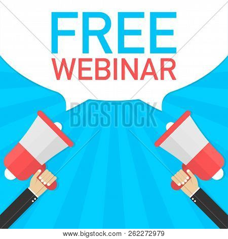 Male Hand Holding Megaphone With Free Webinar Speech Bubble. Banner For Business. Vector Stock Illus