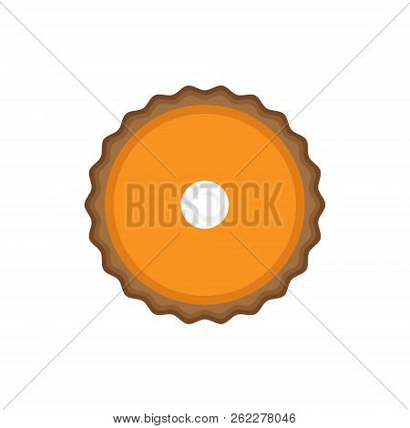 Pumpkin Pie Vector Illustration. Top View. Thanksgiving Pumpkin Pie With Dough Crust, Cream Filling 