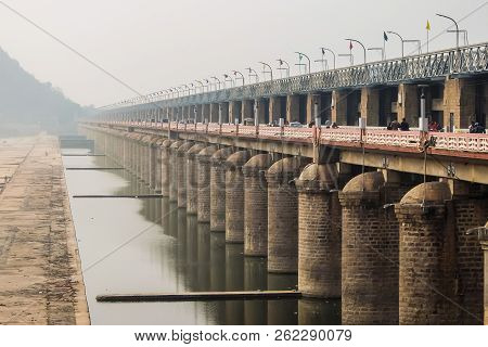 Vijayawada, India - Circa January, 2018. View Of Prakasam Barrage In Vijayawada, India.