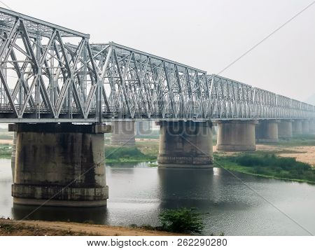 Vijayawada, India - Circa January, 2018. View Of Railway Bridge In Vijayawada, India.