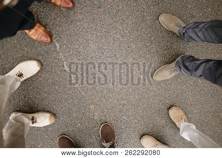 Blurred Background Of Students Stand In Line In Morning, Boys And Girls Wears School Uniform. There 