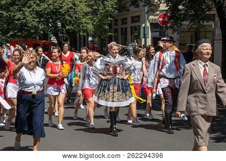 Prague, Czech Republic - July 1, 2018: People Parading At Sokolsky Slet, A Once-every-six-years Gath