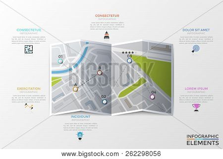 Paper City Map, Location Marks, Thin Line Icons And Text Boxes. Concept Of Routing Or Optimal Route 