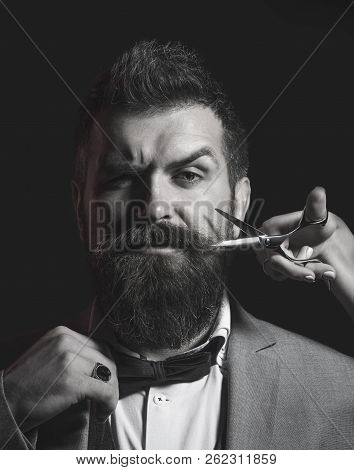 Bearded Man, Long Beard, Brutal, Caucasian Hipster With Moustache. Men Haircut In Barber Shop. Barbe
