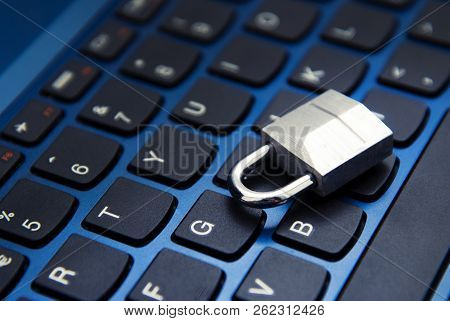 Cyber Safety Concept, Padlock On Laptop Keyboard. Internet Addiction.