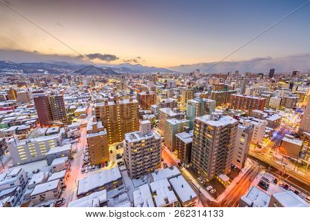 Sapporo, Japan winter skyline view from above at dusk.