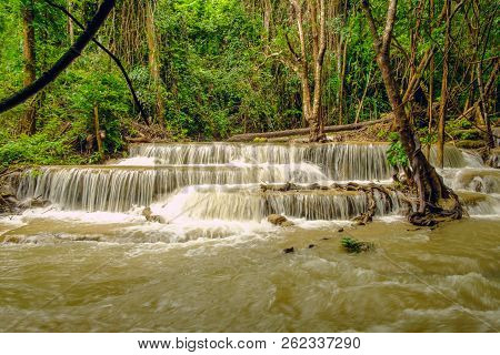 Huai Mae Khamin Waterfall In The Rainy Season With Turbid Flowing Water,in Province  Kanchanaburi  T