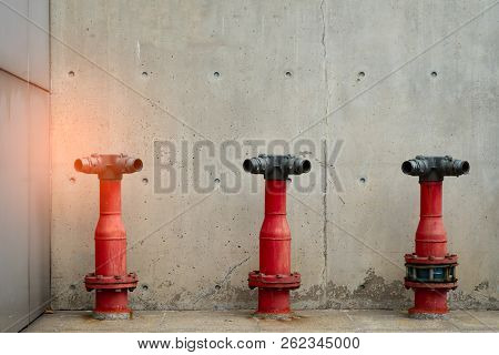 Three Fire Safety Pump On Cement Floor Of Concrete Building. Deluge System Of Firefighting System. P