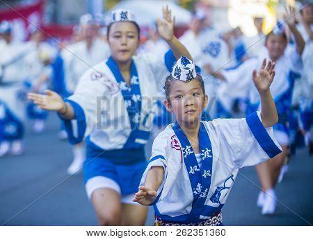 Tokyo - Aug 26 : Participants In The Awa Odori Festival In Tokyo, Japan On August 26 2018. Awa Odori