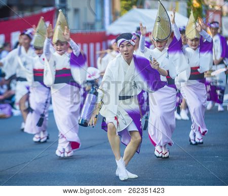 Tokyo - Aug 26 : Participants In The Awa Odori Festival In Tokyo, Japan On August 26 2018. Awa Odori