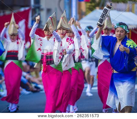 Tokyo - Aug 26 : Participants In The Awa Odori Festival In Tokyo, Japan On August 26 2018. Awa Odori