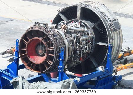 Airplane Gas Turbine Engine Detail In Aviation Hangar. Plane Rotor Under Heavy Maintenance.
