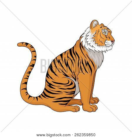 Vector Illustration Of Sitting Tiger, Side View. Large Wild Cat With Orange Coat And Black Stripes. 
